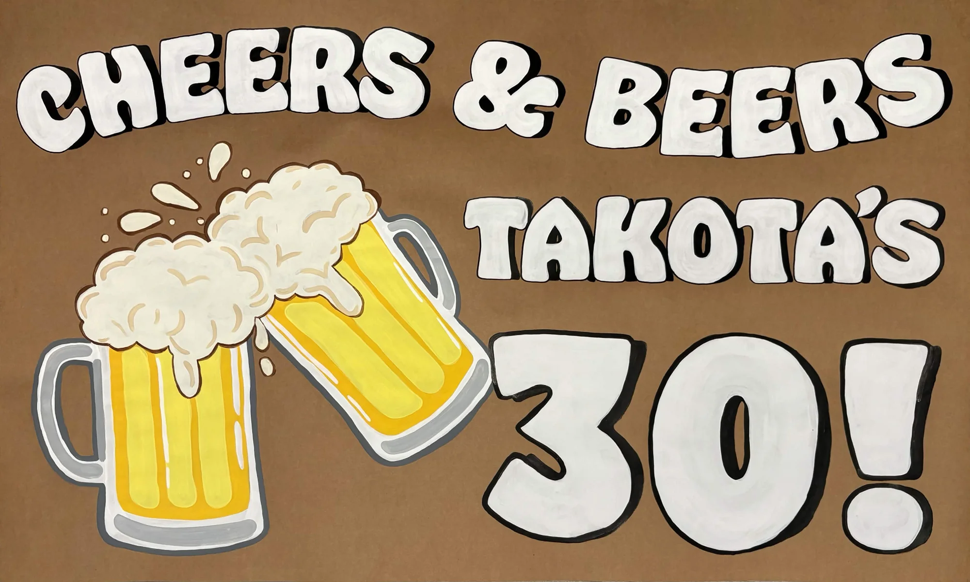 Cheers & Beers 30th birthday banner with bold white lettering, black shadows, and two clinking golden beer mugs