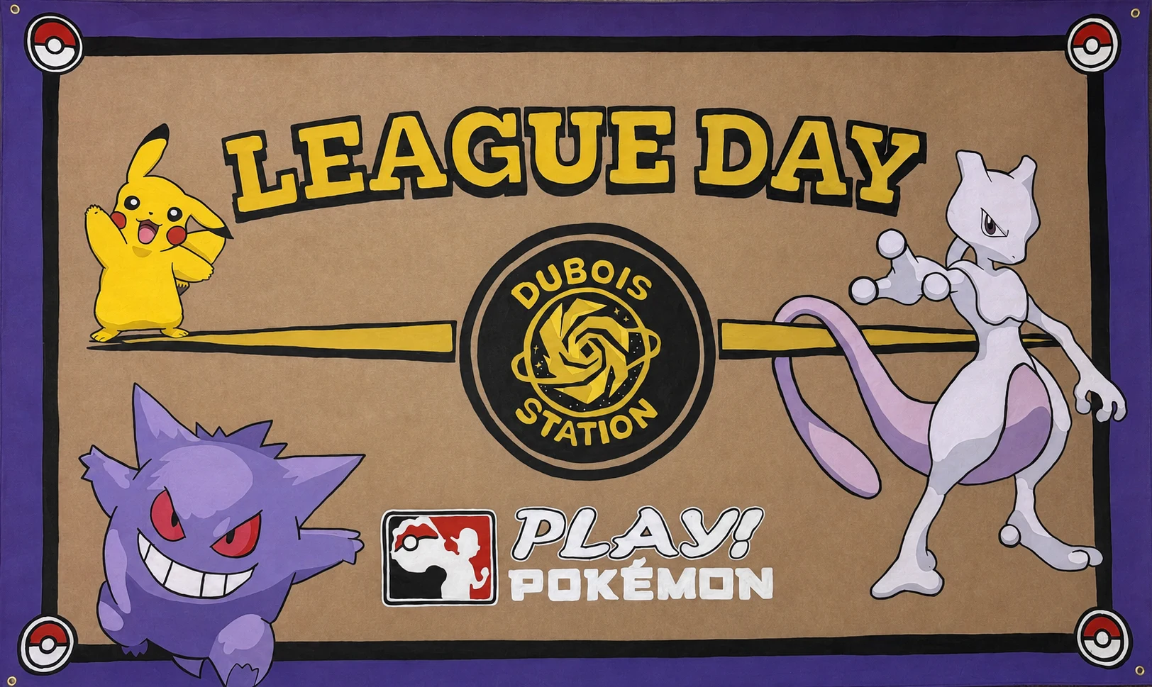 Purple and yellow League Day business event banner for Dubois Station with Pikachu, Gengar, Mewtwo, and Poké Ball details
