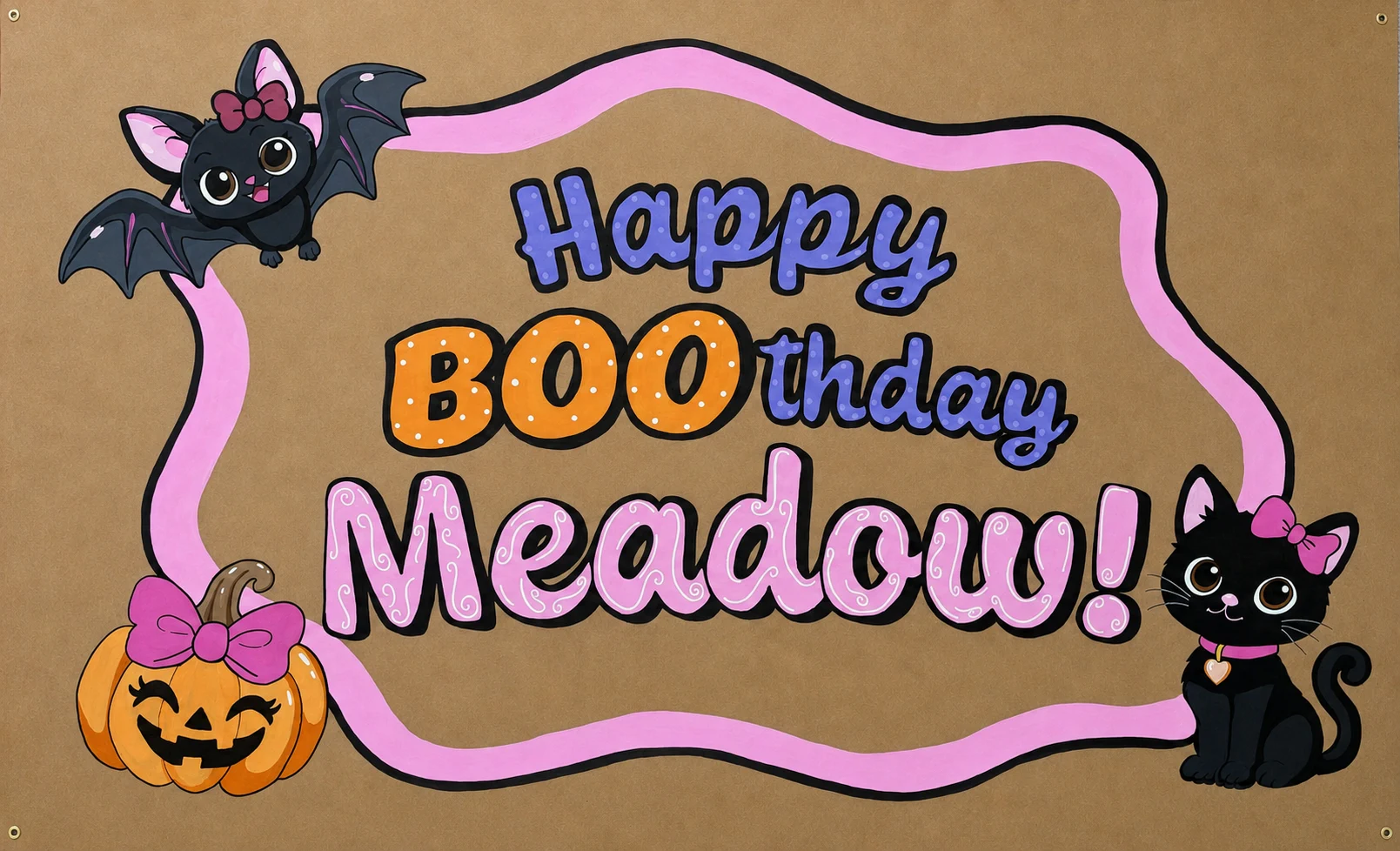 Pink and orange Happy BOOthday Meadow Halloween birthday banner with a bat, black cat, jack-o'-lantern, and bows