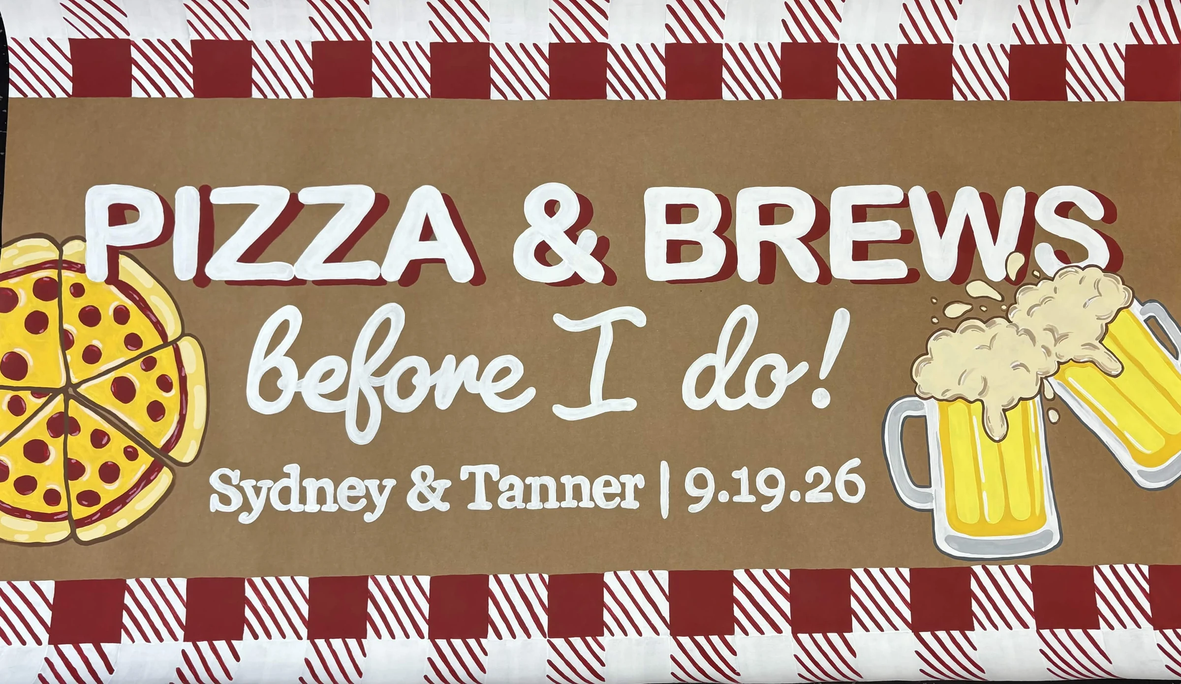 Pizza and Brews Before I Do wedding-eve banner with pizza, beer, bold red lettering, and a pizzeria-style border